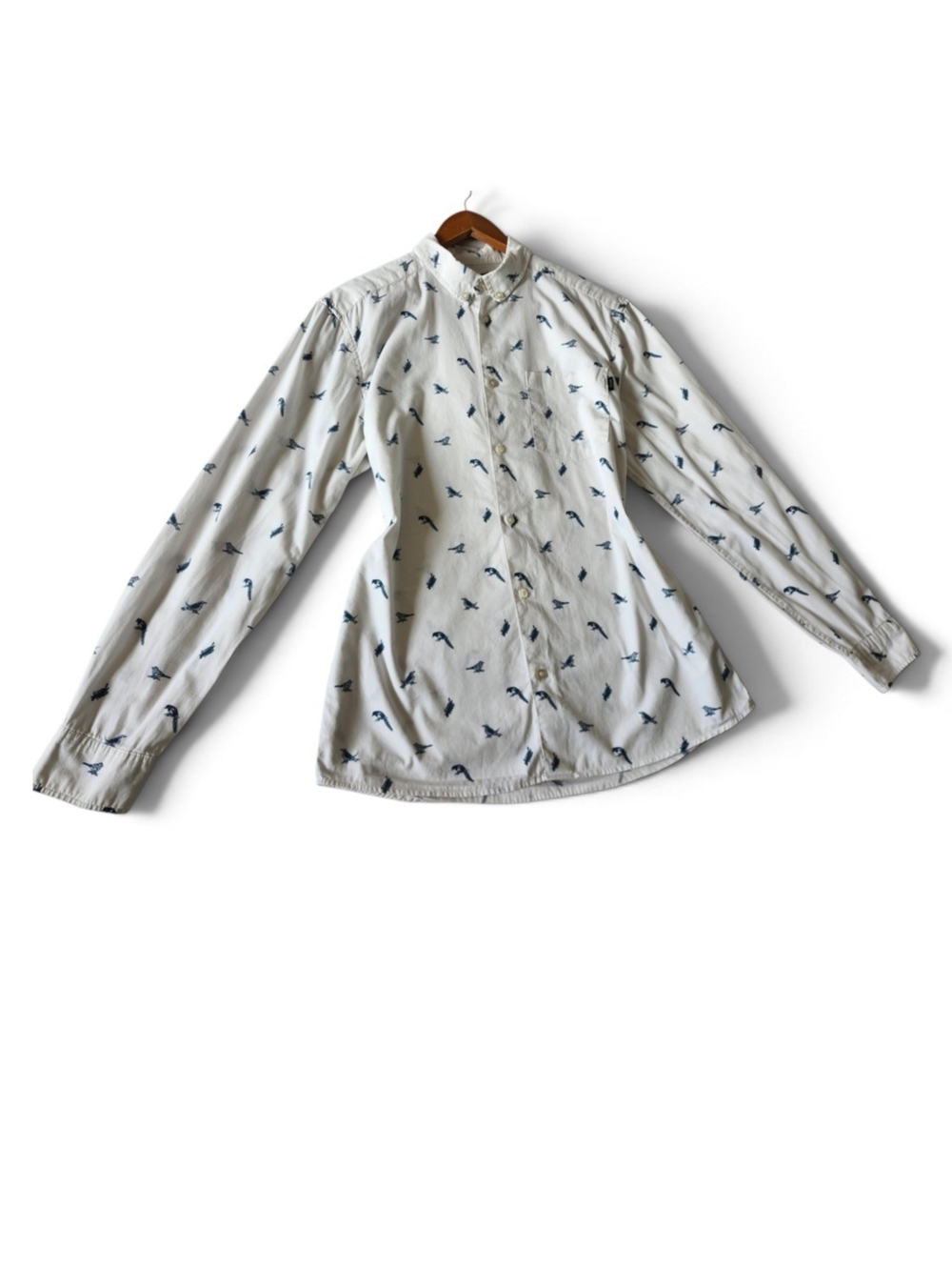 Women's Button-Down Shirt with Navy Bird Print